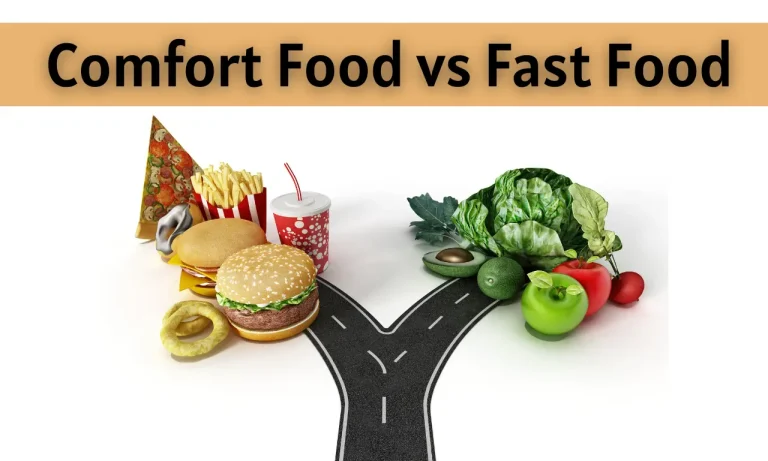 Side by side comparison of comfort food and fast food including homemade meals and fast food items like burgers and fries