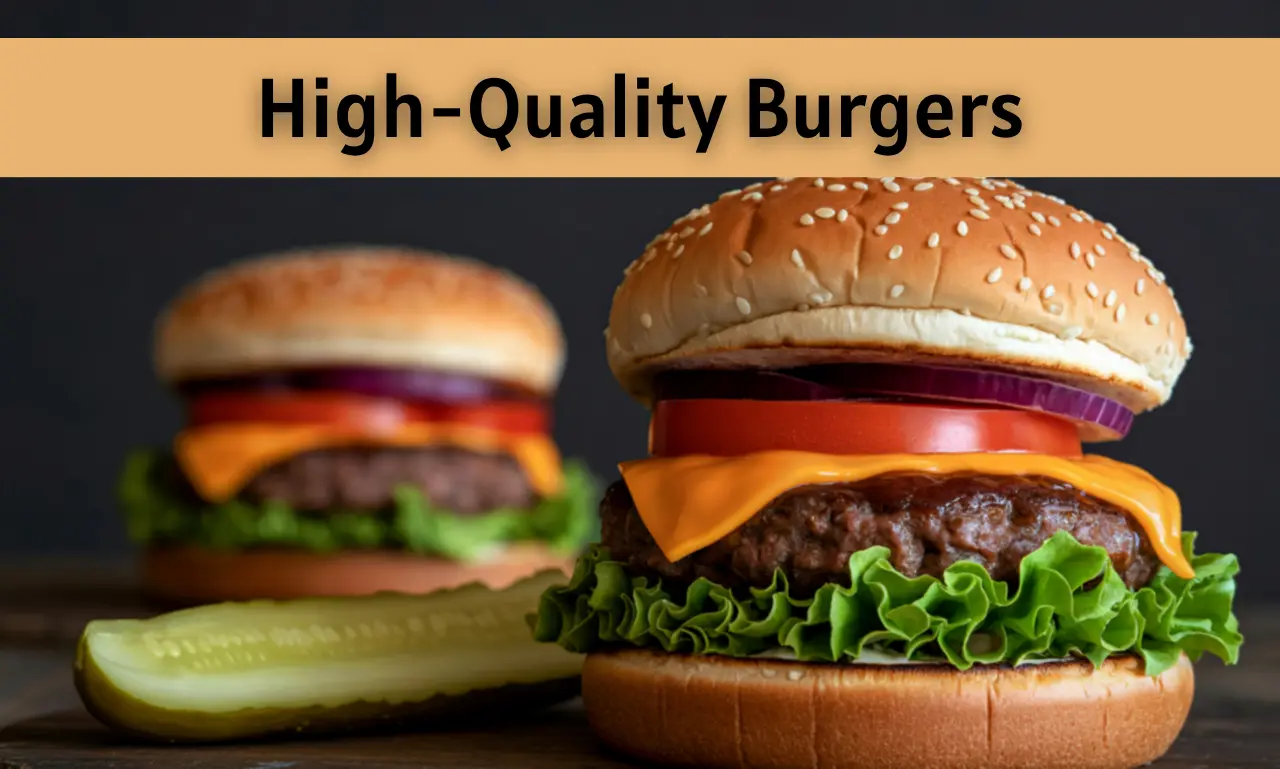 Fresh ingredients for a high-quality burger including bun, raw patty, cheese, lettuce, tomato, and sauces arranged neatly