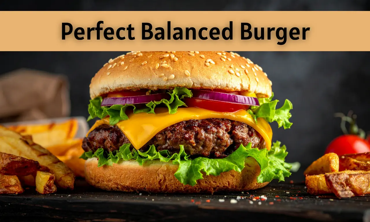 Close-up of a perfectly balanced burger with a juicy patty, melted cheese, fresh lettuce, tomato, and soft bun